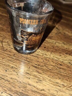 PIONEER COAL MINE TUNNEL Clear Shot Glass with Gold Train Graphic